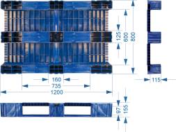 Паллет (поддон) пластиковый сплошной на 3-х полозьях, 1200x800х150 мм, серый [TR 1208-1]